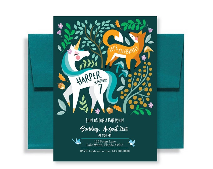 Unicorn & Fox Birthday Party Invitation, Enchanted Forest Invite, fox, forest fauna, WE EDIT, You PRINT, Custom Text, Printable Digital File