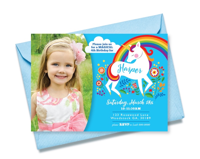 Unicorn Rainbow Birthday Photo Invitation, Girl's Unicorn Party, WE EDIT, You PRINT, Custom Text, Printable Digital File