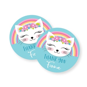 Étiquettes de remerciement chat arc-en-ciel, kitty, chaton, fête d'anniversaire arc-en-ciel, accrocher, étiquette cadeau, imprimable, fichiers numériques