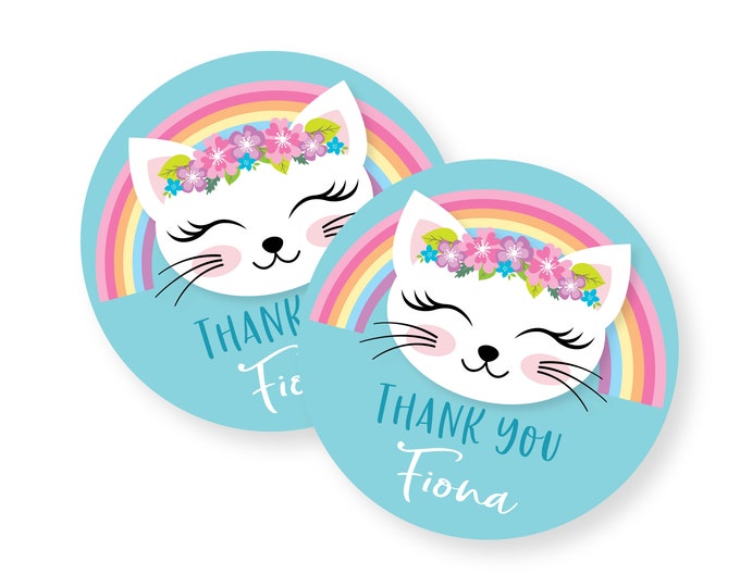 Cat Rainbow Thank You Favor Tags, Kitty, Kitten, Rainbow Birthday Party, Hang, Gift Tag, Printable, Digital Files