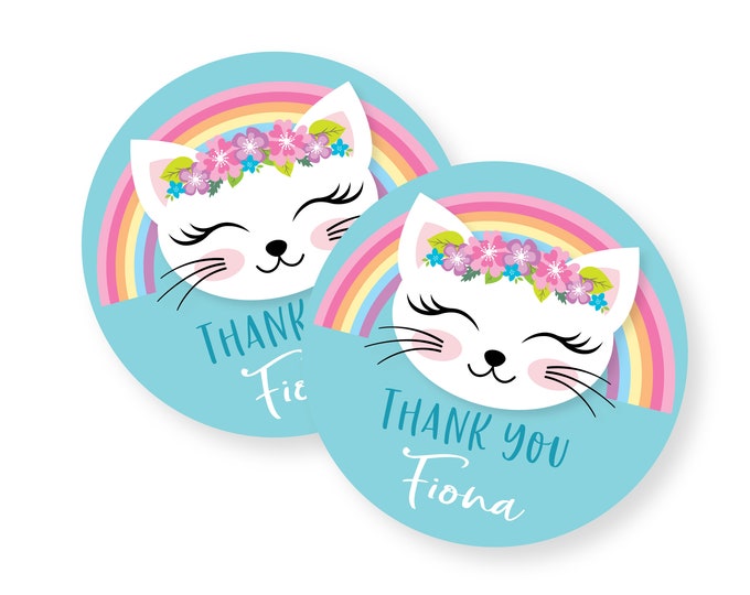 Cat Rainbow Thank You Favor Tags, Kitty, Kitten, Rainbow Birthday Party, Hang, Gift Tag, Printable, Digital Files