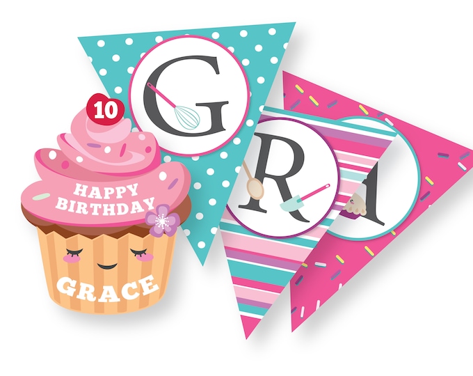 Cupcake Birthday Bunting, Pink Cupcake Banner, Garland, Printable, Customized, DIY bunting, Girl's Cupcake Birthday Party, digital files