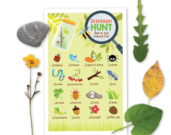 Nature Scavenger Hunt Game - Kid's Party Game - nature bugs - Instant Download