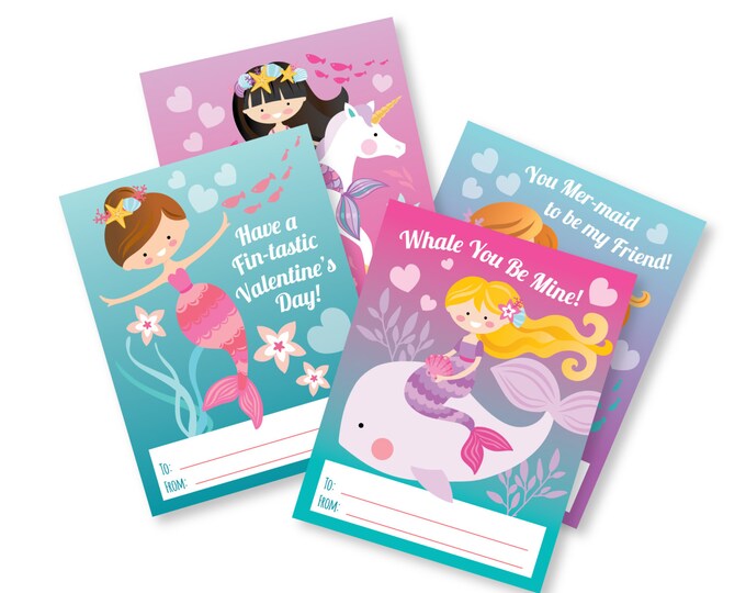 Mermaid Valentines Day Cards, printable DIY card, classroom Valentine for kids, Instant Download Valentine Cards