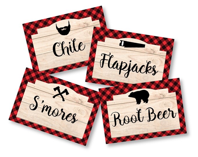 Lumberjack Party  - Food, Name, Tent Cards or Labels - Customized Printable DIY Place Cards - Rustic Food Tags, Lumberjack Tent Cards