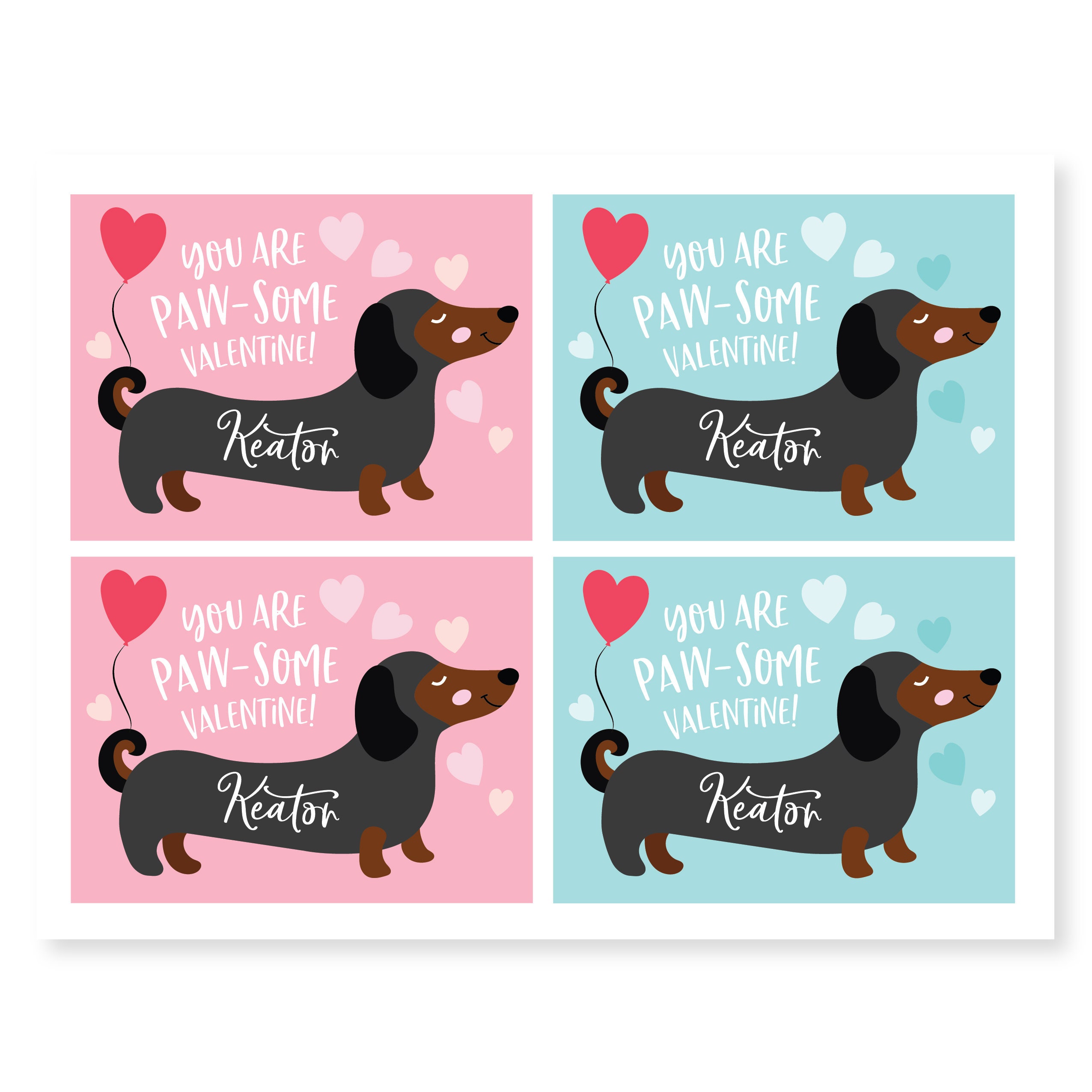 Dachshund Valentines Day Card, printable DIY card classroom, Valentine custom text ...