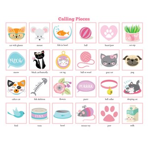 May include: A set of colorful illustrated images featuring cats, kittens, and other pet-related items. The images are arranged in a grid with a pink border and the title "Calling Pieces" at the top.
