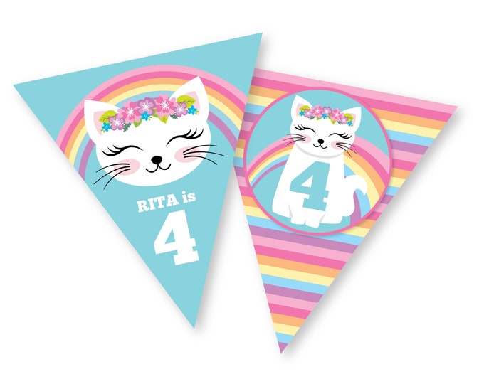 Kitten Rainbow Birthday Bunting, Rainbow Cat Banner, Kitty Garland, Printable, Customized, DIY bunting, Girls Rainbow Birthday