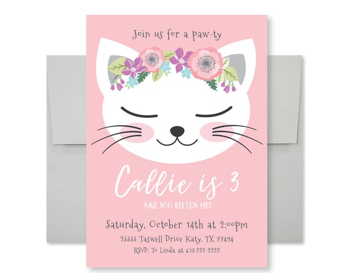Cat Birthday Invitation, Pink Kitten Party, Are you kitten me, WE EDIT, You PRINT, Custom Text, Printable Digital File