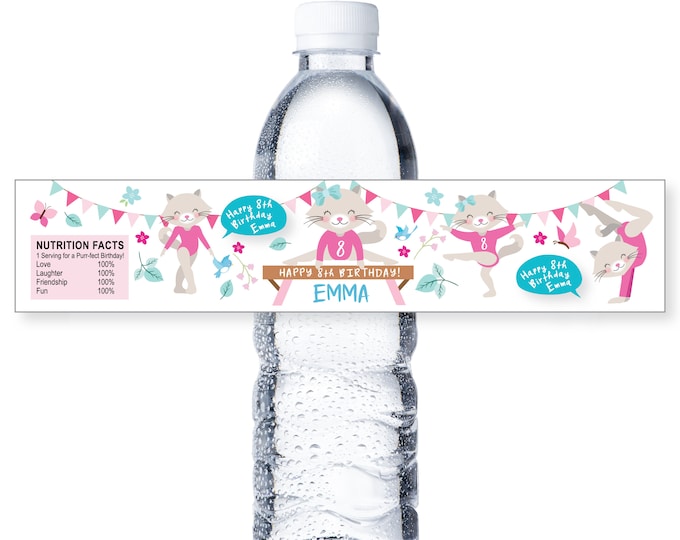 Cat Gymnastic Water Bottle Label, DIY Water Wrapper, Girls Gymnastic Birthday Party, WE Edit YOU Print, digital file