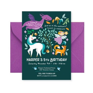 魔法の森の招待状、ユニコーン、ドラゴン、妖精、キツネの誕生日の印刷可能な招待状、私たちが編集、あなたが印刷、カスタムテキスト、印刷可能なデジタルファイル