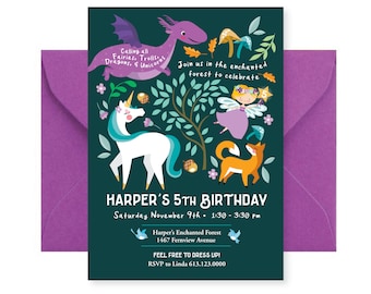 Enchanted Forest Invitation, Unicorn, Dragon, Fairy, Fox Birthday Printable Invite, WE EDIT, You PRINT, Custom Text, Printable Digital File