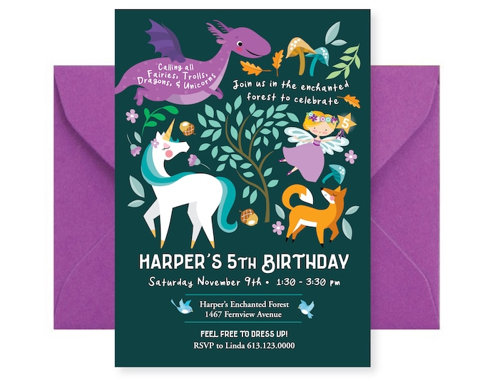 Enchanted Forest Invitation, Unicorn, Dragon, Fairy, Fox Birthday Printable Invite, WE EDIT, You PRINT, Custom Text, Printable Digital File