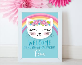 Cat Rainbow Welcome Sign, Girl's, Kitty, Kitten, Birthday Party, Poster, Printable, Digital Files