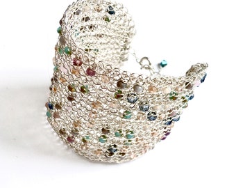 Hand crocheted wire and Czech glass beads bracelet cuff gold/silver