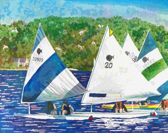 May include: Watercolor painting of sailboats on a lake. The boats have white sails with blue stripes and numbers. The background features a green treeline and blue sky. People are in the boats.