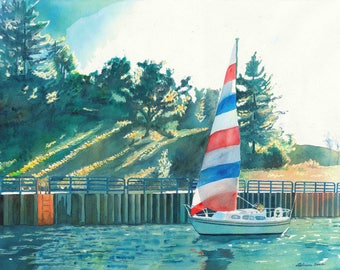 Sailing, Boating, Sailing Print, Sailing Watercolor, Sailboat, Sailboat watercolor, Sailing Back to Port - Prints from the original painting