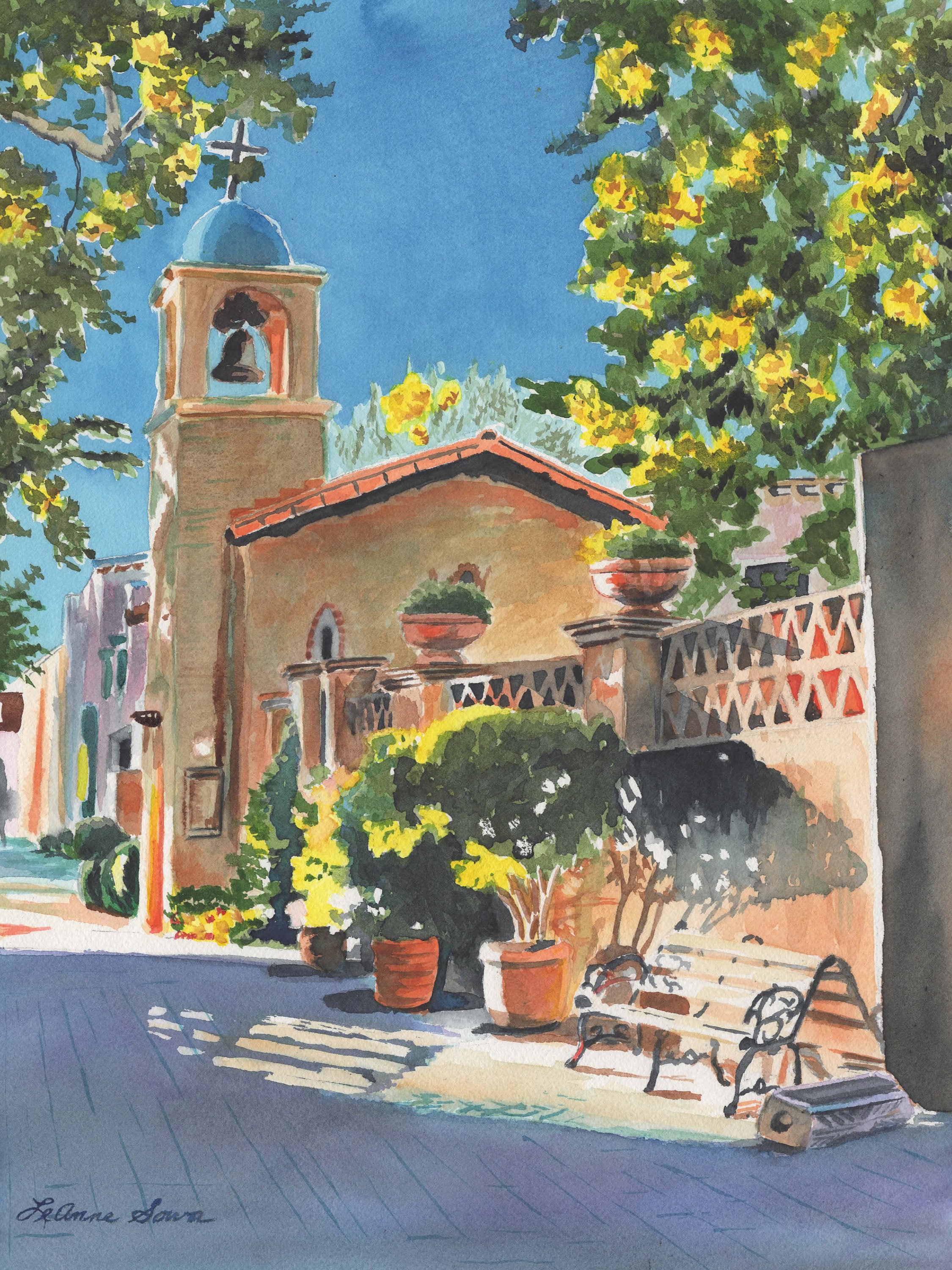Sunlit Bench Tlaquepaque -  Sedona, Arizona.  Prints of the Original Watercolor by LeAnne Mawby Sowa
