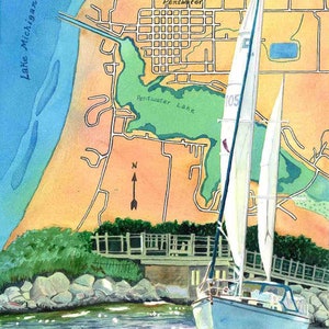 Mapa del tesoro de Pentwater, Michigan, navegación a vela, veleros, lago Michigan, vacaciones, pueblo playero, pueblo costero