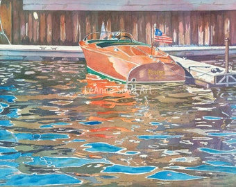 Holzboot Aquarell Giclée-Druck, Nautische Wandkunst