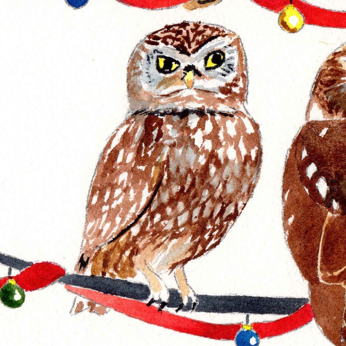 Owl Christmas Tree the Original Watercolor, Barred Owl, Great Horned