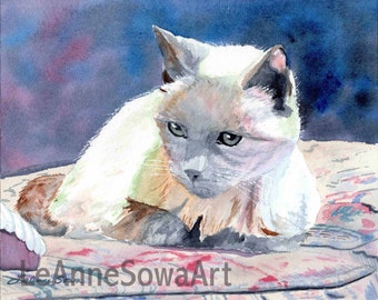Cat Painting, Siamese Cat, Cat Art, the original watercolor "Sleepy Kitty" by LeAnne Sowa