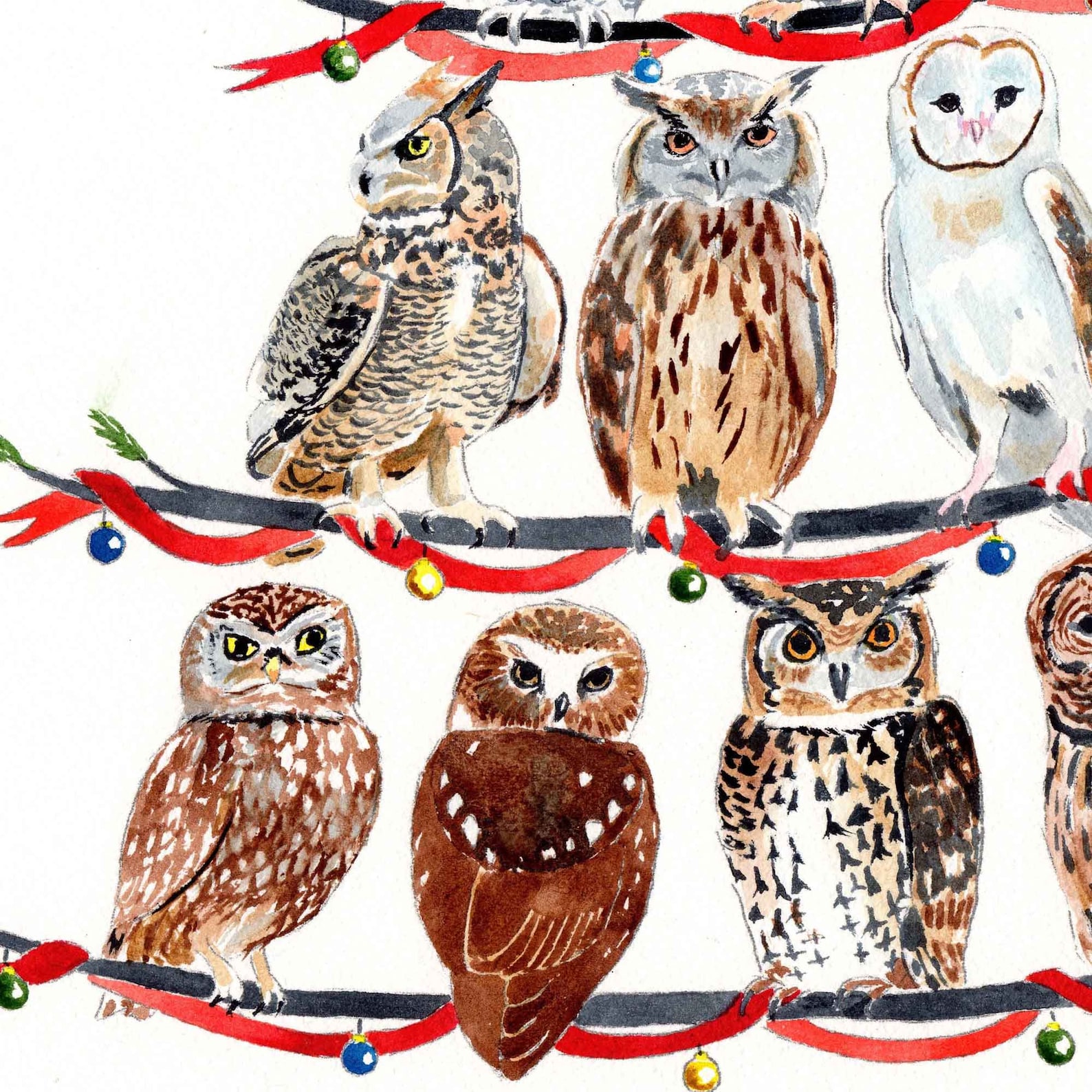 Owl Christmas Tree the Original Watercolor, Barred Owl, Great Horned