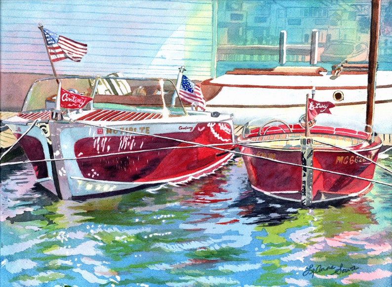 Wooden Boat Watercolors, Century Boat Art, Antique Boats, Wooden Boat Pictures, Prints by LeAnne shops Sowa