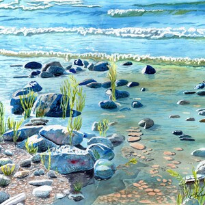 Tranquil Water Original Watercolor, Beach Painting, Shoreline Painting, Lake Michigan Shore, Beach Art, Lake Art by LeAnne Sowa
