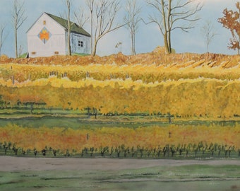 Mission Peninsula Gold Original Watercolor Painting, Vineyards, Landscape, Autumn Vineyards, Traverse City