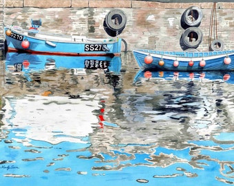 Boat Paintings, Boating Watercolors, Cornwall paintings, England paintings, Original Watercolor of Safe Behind the Seawall, Fishing boats