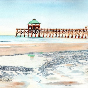 Folly Beach Pier, Karolina Południowa, Oryginalna akwarela przedstawiająca molo, Pierhead, Ocean Piers, Ocean Atlantycki