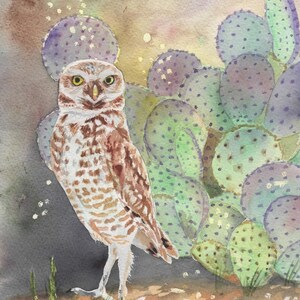 Burrowing Owl - Original watercolor by LeAnne Sowa, Owl, Owls, Cactus, Desert Owl, Owl Art, Owl Décor, Owl Paintings
