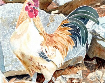 Rooster Painting, Chicken Painting, Hen, Rooster Crow Painting,Bird Painting, Original Watercolor of Rooster by LeAnne Sowa