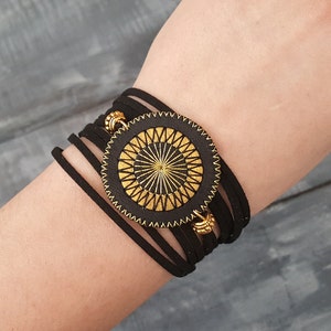 Leather wrap bracelet. Black wrap bracelet. Bohemian wrap bracelet. Boho bracelet. Leather cuff bracelet. Mandala bracelet. Layered bracelet image 1