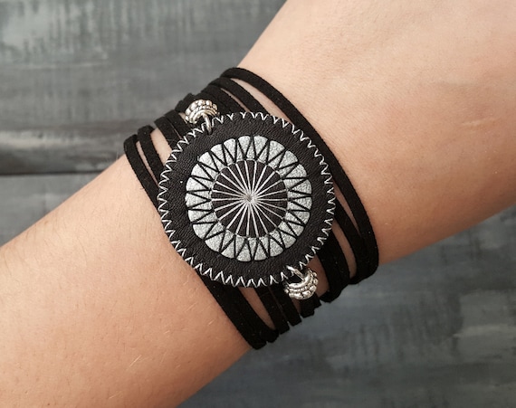 Black Wrap Bracelet Leather Wrap Bracelet Boho Cuff Bracelet Embroidered Mandala Bracelet Bohemian Jewelry Suede Cord Bracelet Boho Chic