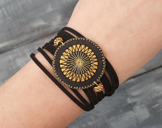 Leather wrap bracelet. Black wrap bracelet. Bohemian wrap bracelet. Boho bracelet. Leather cuff bracelet. Mandala bracelet. Layered bracelet