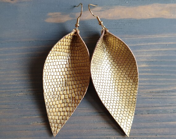 Golden Leather Leaf Earrings, Large Leaf Earrings, Leather Earrings, Western Earrings, Snakeskin Earrings, Gold Leaf Earrings, Boho Earrings