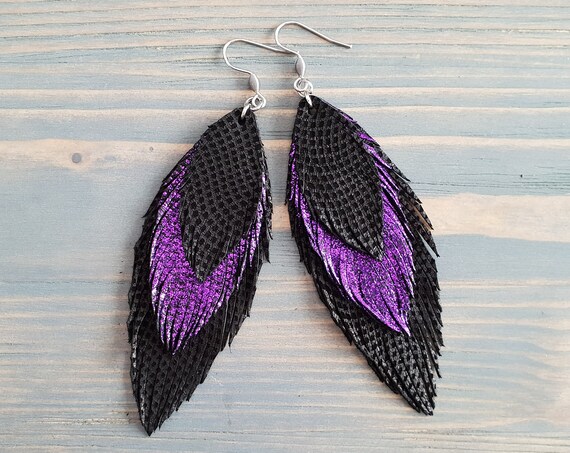 Layered Feather Earrings, Leather Earrings, Leather Feather Earrings, Extra Large Earrings, Glitter Earrings, Statement Earrings, Purple