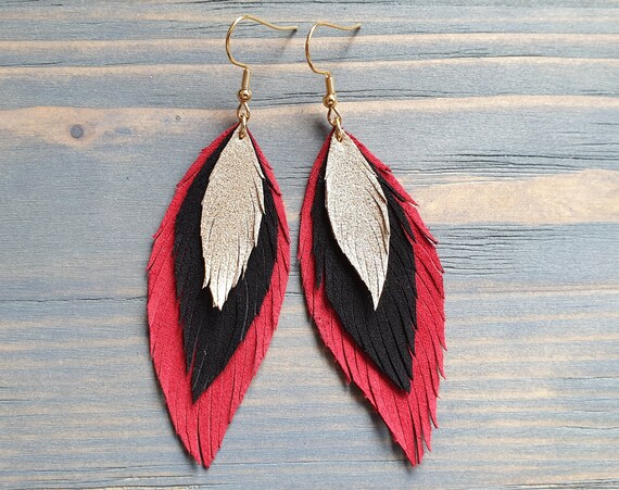 Red Black Gold Leather Earrings, Layered Leather Earrings, Statement Earrings, Boho Jewelry, Bohemian Earrings, Leather Feather Earrings