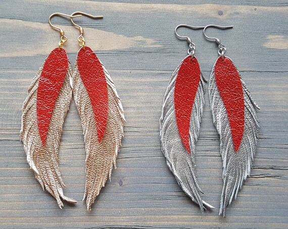 Metallic Feather Earrings, Leather Feather Earrings, Long Leather Earrings, Third Anniversary Gift For Her, Leather Boho Earrings. Boho Chic