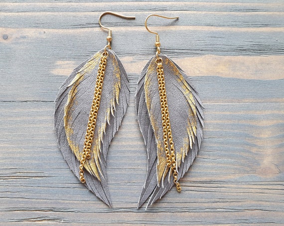Statement Earrings, Boho Earrings, Feather Earrings, Leather Earrings, Leather feather Earrings, Boho Jewelry, Grey Leather Earrings