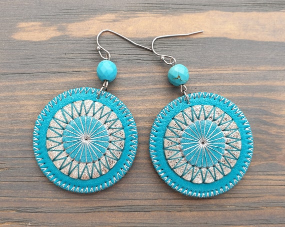 Leather Earrings, Turquoise Earrings, Leather Jewelry, Statement Earrings, Boho Earrings, Boho Jewelry, Bohemian Earrings, Statement Jewelry
