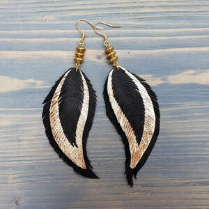 Gold Feather Earrings. Statement Earrings. Boho Earrings. Bohemian Earrings. Leather Feather Earrings. Long Black Earrings. Boho chic.