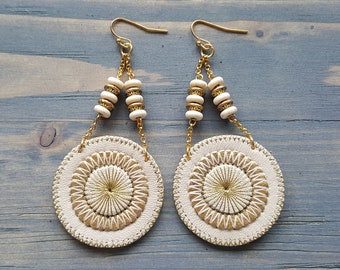 Beige Leather Earrings. Bohemian Earrings. Circle Boho Earrings. Dangle Earrings. Large Earrings. Statement Earrings. Bohemian Jewelry.