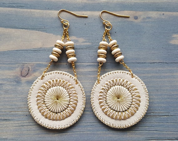 Beige Leather Earrings. Bohemian Earrings. Circle Boho Earrings. Dangle Earrings. Large Earrings. Statement Earrings. Bohemian Jewelry.