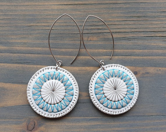 White Leather Earrings. Boho Earrings. Dangle Circle Earrings. Embroidered Mandala Earrings. Hippie Earrings. Bohemian Earrings.