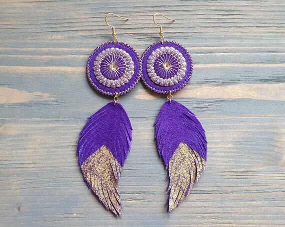 Purple Earrings, Leather Earrings, Statement Earrings, Leather Feather Earrings, Large Boho Earrings, Boho Jewelry, Bohemian Earrings