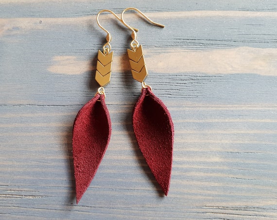 Cherry Red Leather Earrings Boho Jewelry Chevron Hematite Earrings Leather Leaf Earrings Bohemian Earrings Boho Earrings Dangle Earrings