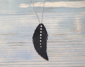 Feather Pendant Necklace, Stainless Steel Necklace, Hypoallergenic Necklace, Leather Feather Necklace, Rhinestone Feather Necklace, Chain